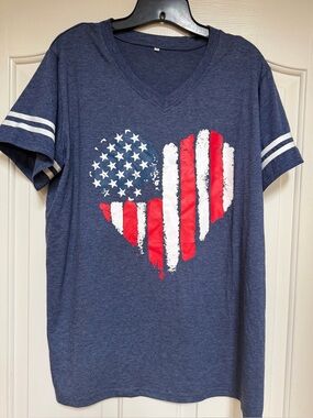 American Flag Heart Tee V Neck Graphic Shirt Blue Stripe Sleeve XL